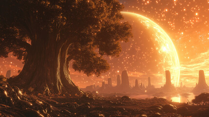Obraz premium A giant tree stands by a shimmering lake under a glowing orange sky with a large planet in the background during twilight. Generative AI