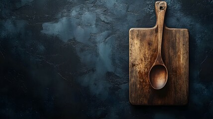 Abstract food background. Top view of dark rustic kitchen table with wooden cutting board and cooking spoon, frame. Banner or template with copy spaceAbstract food background