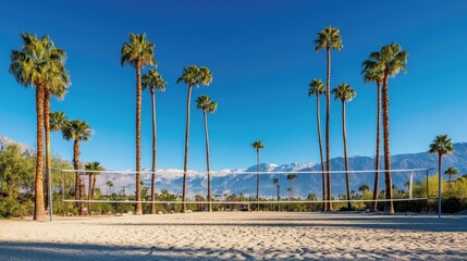 Sand volleyball court with net taut, surrounded by tall palm trees and a cloudless sky.