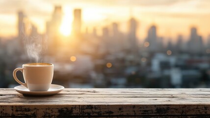 Fototapeta premium A steaming cup of coffee sits on a wooden table, overlooking a city skyline at sunset, creating a warm and inviting atmosphere.
