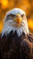 Obraz premium Bald eagle in autumn forest with yellow foliage. Bald eagle, patriotic symbol, national bird of USA, large bird of prey in nature 