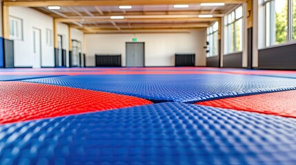 Naklejka premium Taekwondo field indoors with blue and red mats in a clean, empty gym, perfect for training or competition preparation.