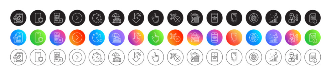 Car insurance, Food app and Manual line icons. Round icon gradient buttons. Pack of Stats, Timer, Low percent icon. Third party, Smartphone recovery, Qr code pictogram. Vector