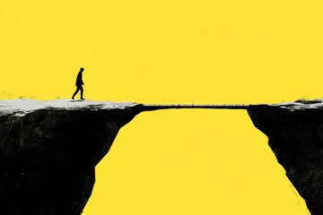 Silhouette of a Person Crossing Minimalist Bridge over Yellow Background - Conceptual Image of Risk and Opportunity