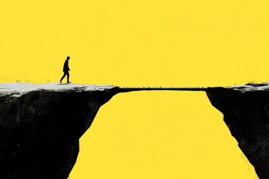Silhouette of a Person Crossing Minimalist Bridge over Yellow Background - Conceptual Image of Risk and Opportunity