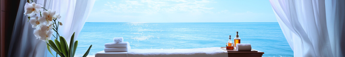 Obraz premium Luxurious spa setup with a massage bed overlooking a tranquil ocean view