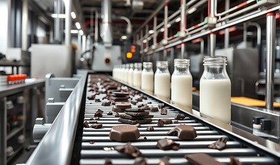 Fototapeta premium Chocolate and Milk Bottling Plant Conveyor Belt: A Modern Dairy Production Line. AI Generated