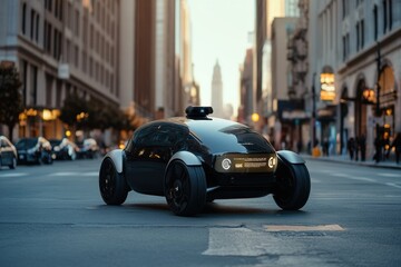 A self-driving car maneuvers through a busy urban area, showcasing its advanced onboard AI systems and autonomous driving capabilities. Generative AI