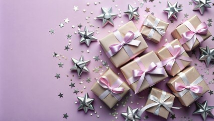 A Festive Arrangement of Wrapped Gifts Adorned with Delicate Pink Ribbons and Sparkling Silver Stars on a Pastel Pink Background