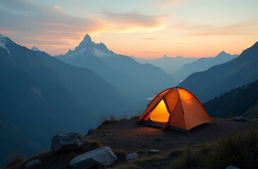 Tent camp evening, active holidays in nature, tourist parking. AI Generative