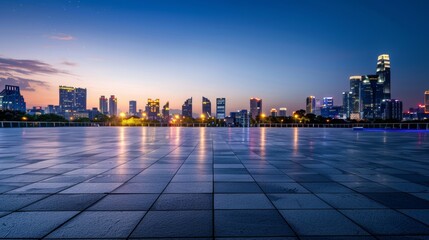 Obraz premium Empty square floor with city skyline background, Urban intersection devoid of traffic, symmetrical composition