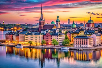 Fototapeta premium Elevate your modern decor with this serene pastel poster showcasing Stockholmâ€™s skyline. Its calming color palette enhances any interior, adding a touch of elegance and tranquility.