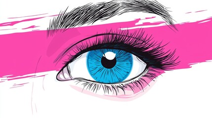 Close-up illustration of a vibrant blue eye with bold pink strokes.