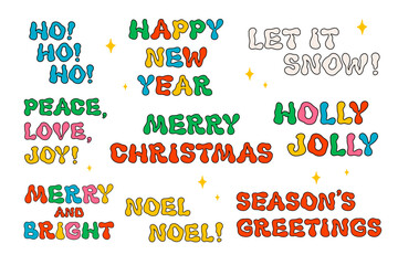 Retro style Christmas greeting text Groovy vintage christmas quotes. Ideal for Christmas and New Year sticker designs and decorations, vector illustration.