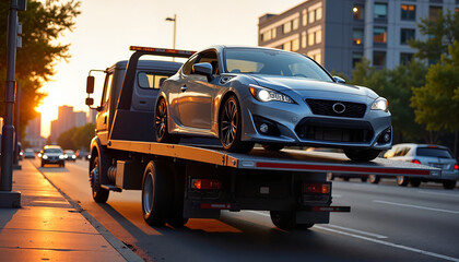 Tow truck transporting car at sunset in urban area, vehicle recovery, roadside assistance, copy space
