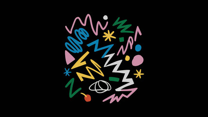 Abstract doodle poster with hand-drawn geometric shapes, zigzags, and squiggles on black background, energetic vibe wallpaper generative ai