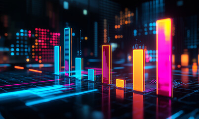 A vibrant, digital visualization of bar graphs showcasing data trends with neon colors against a dark background.