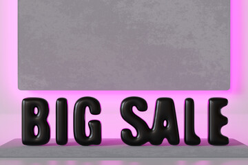 Modern BIG SALE text in bold black letters with sleek 3D design, against minimalist gray backdrop illuminated by pink neon lighting. Digital marketing, promotional banner, or e-commerce campaigns.