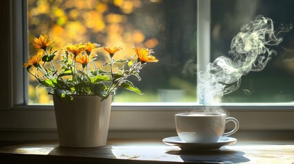 A cozy window scene featuring a steaming cup of coffee beside a potted flower, illuminated by warm sunlight and surrounded by autumn leaves.