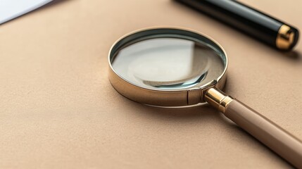 A magnifying glass and a pen on a brown background.