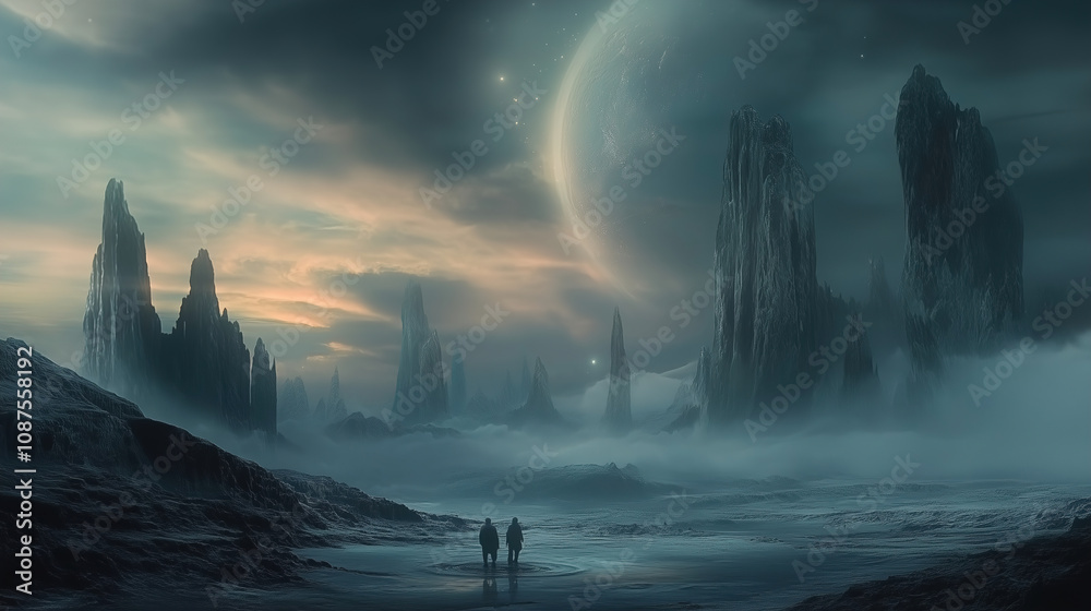 Poster explorers wander through a mysterious alien landscape under a giant planet at dusk, surrounded by to