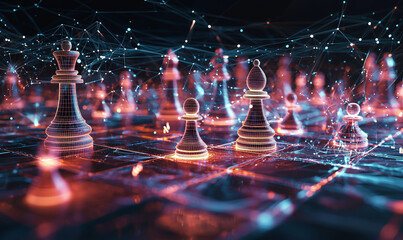 Futuristic abstract background of A chessboard visualization, with each piece symbolizing different strategic data points, represent business marketing strategy.