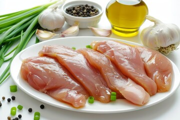 Raw chicken tights arranged on white plate