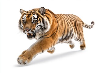 Obraz premium Majestic Tiger Running Against a White Background: Power and Grace Captured in Motion