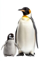 Obraz premium Adorable Emperor Penguin Parent and Chick on White Background – Captivating Wildlife Stock Photography
