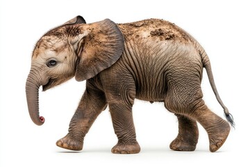 Obraz premium Adorable Baby Elephant Walking on White Background - Capturing the Charm and Innocence of Wildlife