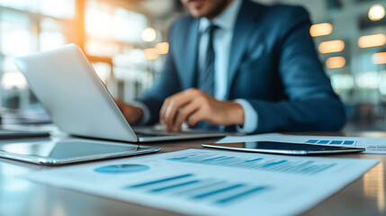 A man in a suit is typing on a laptop in front of a table with several papers