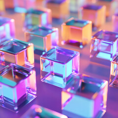 Obraz premium A collection of translucent cubes in various shades of purple, pink, and blue are arranged on a reflective surface