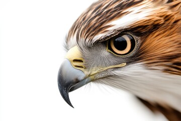 Naklejka premium Majestic Hawk Close-Up: Intense Gaze and Intricate Feathers of a Powerful Bird of Prey