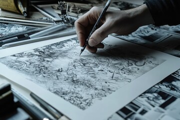 A hand finalizing a detailed drawing with fine liners, surrounded by reference materials, representing the meticulousness of the creative journey.