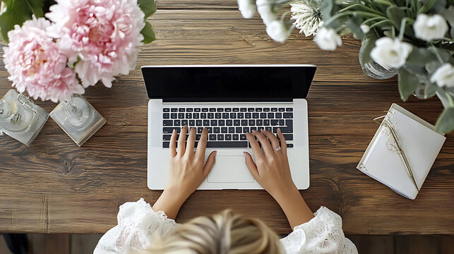 A woman is typing on a laptop in front of a vase of pink flowers