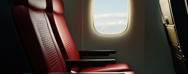 Airplane interior featuring two red seats beside a window, showcasing a bright sky outside.