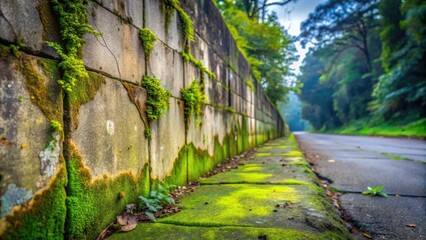 A stone wall overgrown with moss leading to a paved road through a green forest