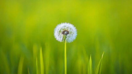 A single dandelion with a white seed head stands out against a field of green grass and a blurred green background.