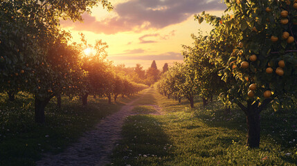 A scenic view of a chestnut orchard with the sun setting in the background.