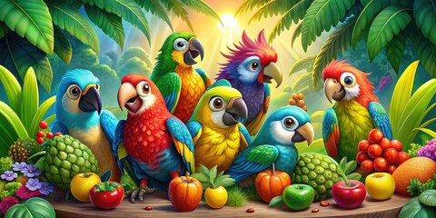 Fototapeta premium Cute Colorful Cartoon Parrots in Various Playful Poses for Vibrant Food Photography