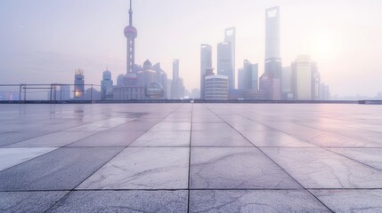 Empty square floor with city skyline background, Urban plaza featuring architectural diversity, dynamic composition
