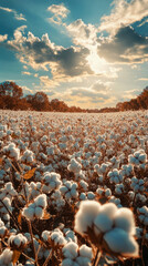Obraz premium Golden sunlight illuminates a vast cotton field at sunrise, rows of plants gently swaying, creating a tranquil, natural scene