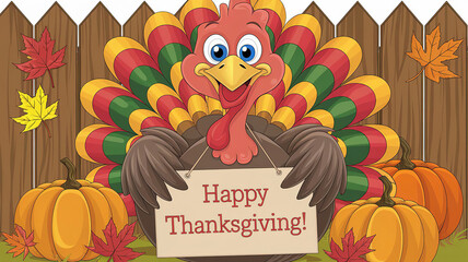 Turkey illustration with holding a sign that says 'Happy Thanksgiving!'. There are autumn leaves and pumpkins scattered around the turkey illustration, generative ai
