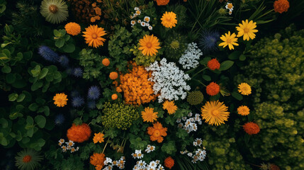 High-angle view of a diverse flower garden with vibrant orange, yellow, white, and purple blossoms surrounded by green foliage, creating a colorful and lush outdoor scene.