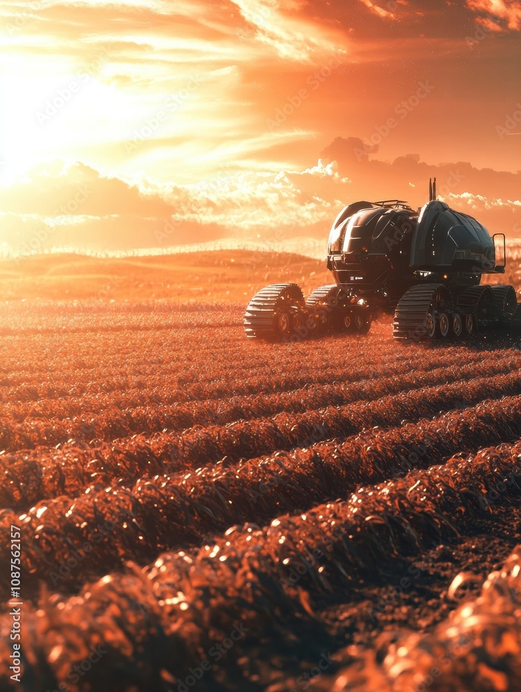 Poster advanced robotic machines operate on a farm, efficiently planting or harvesting crops against a vibr