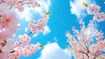 Pink Cherry Blossoms Blooming Against a Bright Blue Sky with White Clouds