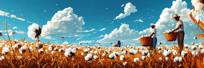 Hands picking cotton in a lush field during harvest, baskets filled with bolls under a clear blue sky, in a peaceful rural setting filled with nature's beauty, banner