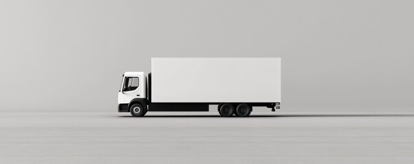 A simple white delivery truck parked on a minimalistic gray background, emphasizing its clean design and functionality.