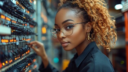 Female IT professional organizes cables in a server room during a busy workday