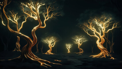 Obraz premium Dark enchanted forest with twisted trees and glowing lights creates eerie feeling, inviting exploration and wonder in this captivating 3D illustration